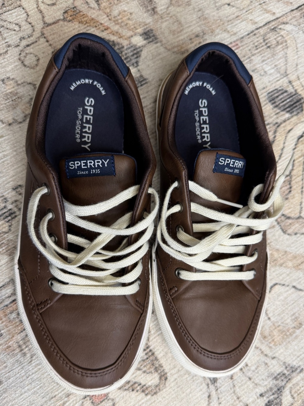 Sperry Brown Leather Boat Sneakers with Cream Laces - Picture 2 of 8